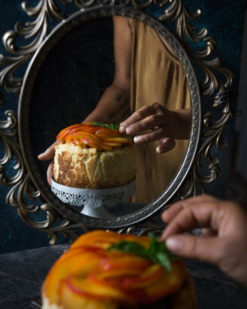 basque cheesecake pesche basilico