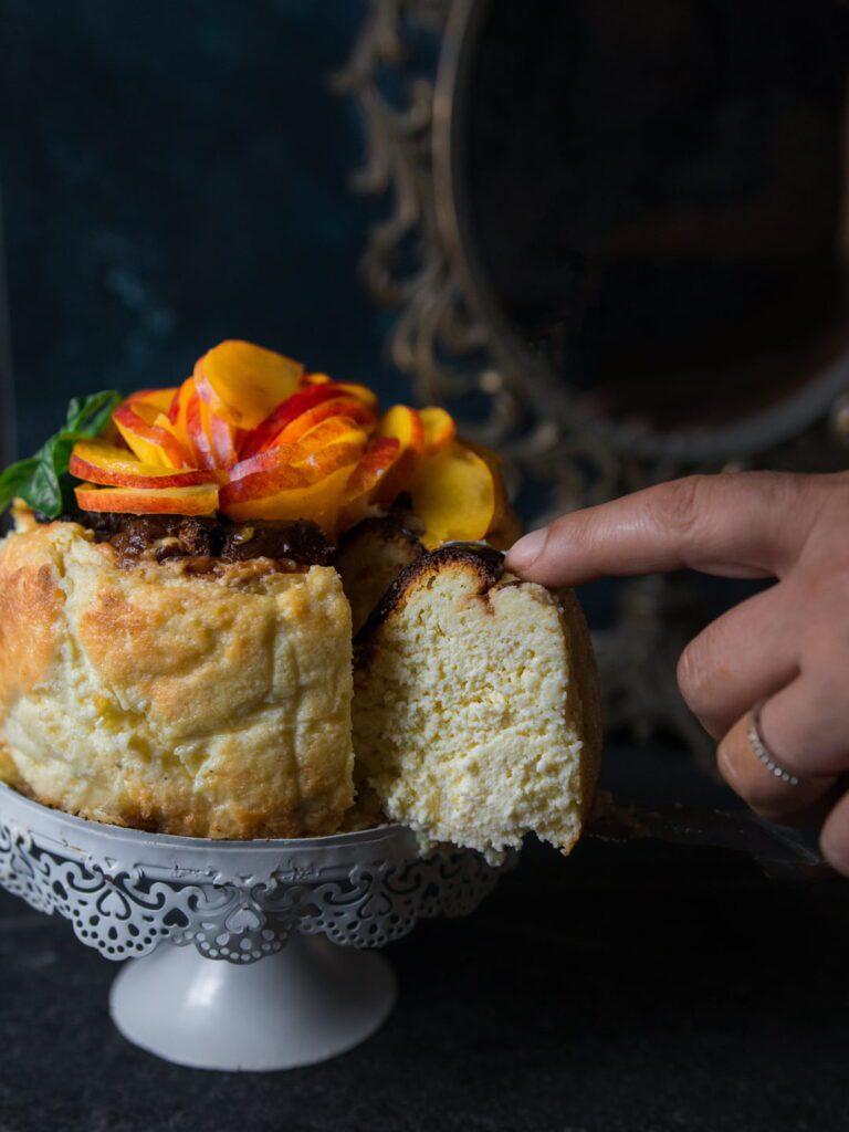 basque cheesecake pesche basilico